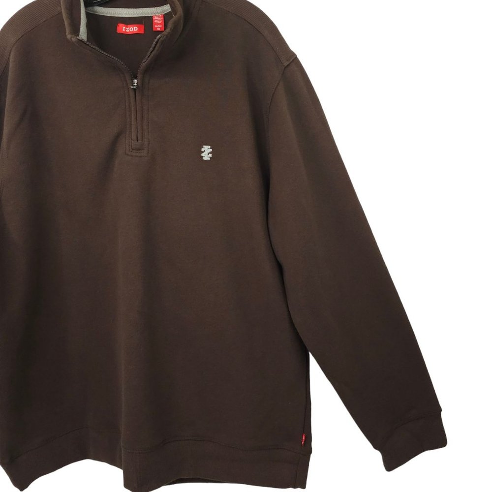 Izod Quarter Zip Sueded Fleece Pullover Sweater Sweatshirt Mens XL Brown NEW - Picture 11 of 15